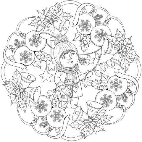 Mandala With Christmas Ornaments, Bells And A Little Girl Coloring Page